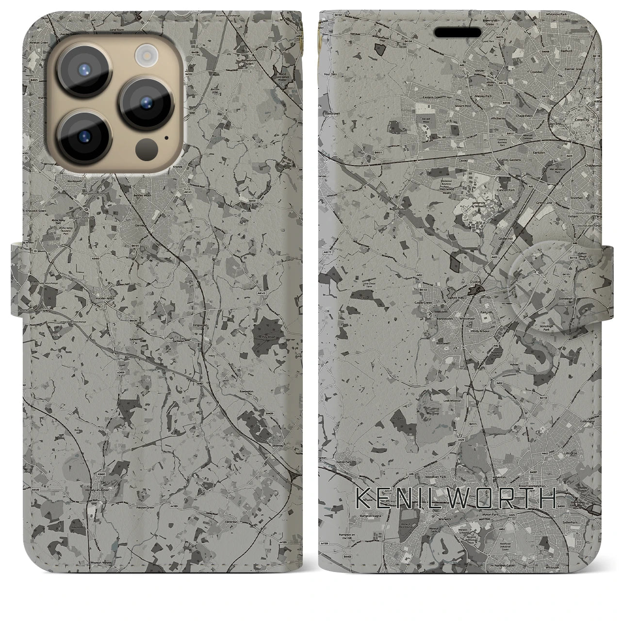 【ケニルワース(イギリス)】地図柄iPhoneケース(手帳タイプ)モノトーン・iPhone 14 Pro Max 用