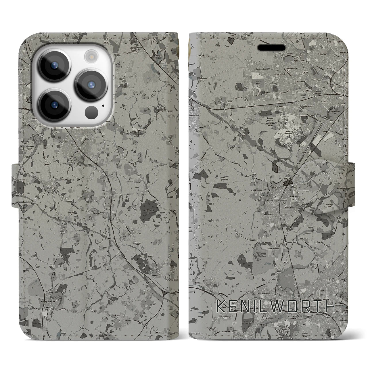 【ケニルワース(イギリス)】地図柄iPhoneケース(手帳タイプ)モノトーン・iPhone 14 Pro 用