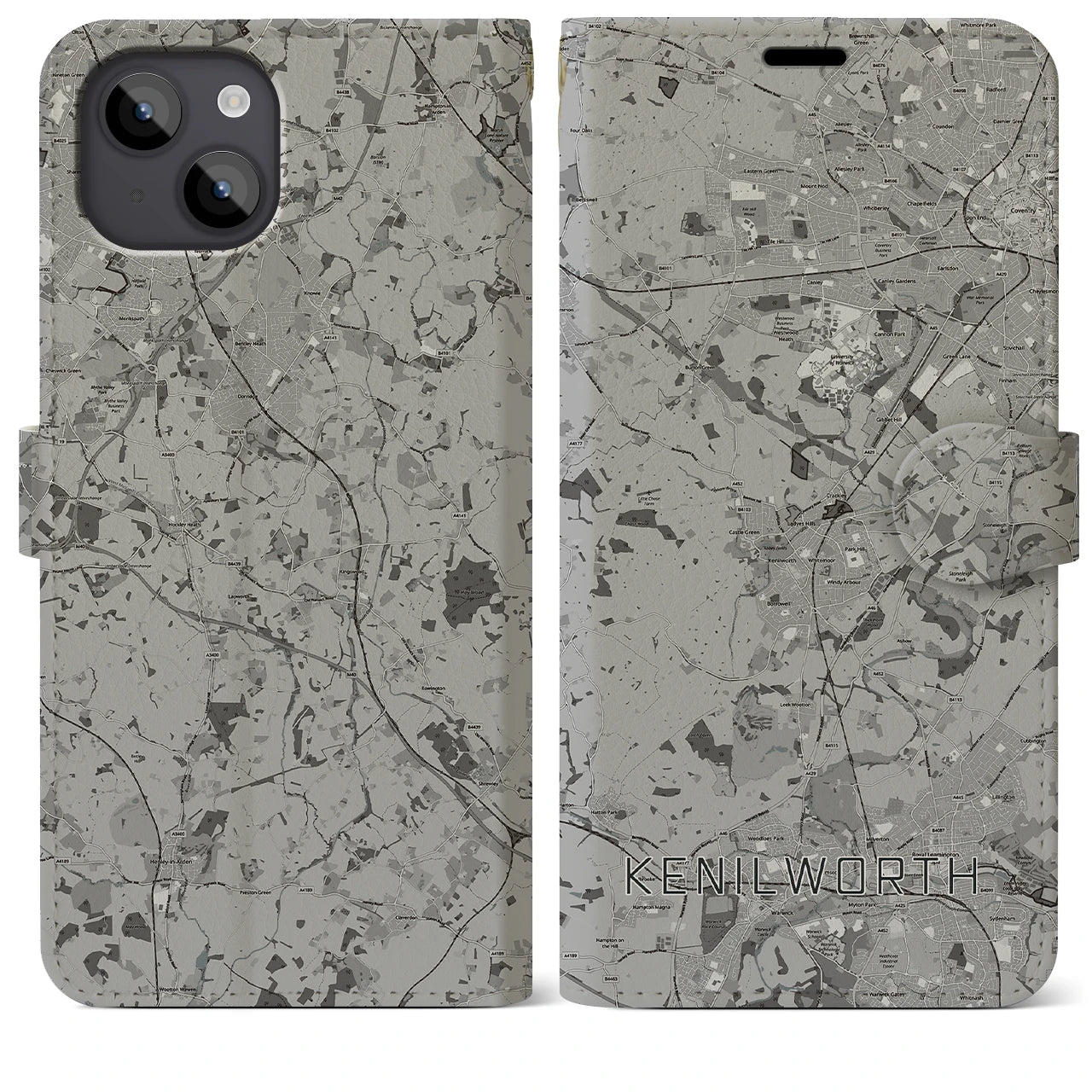 【ケニルワース(イギリス)】地図柄iPhoneケース(手帳タイプ)モノトーン・iPhone 14 Plus 用