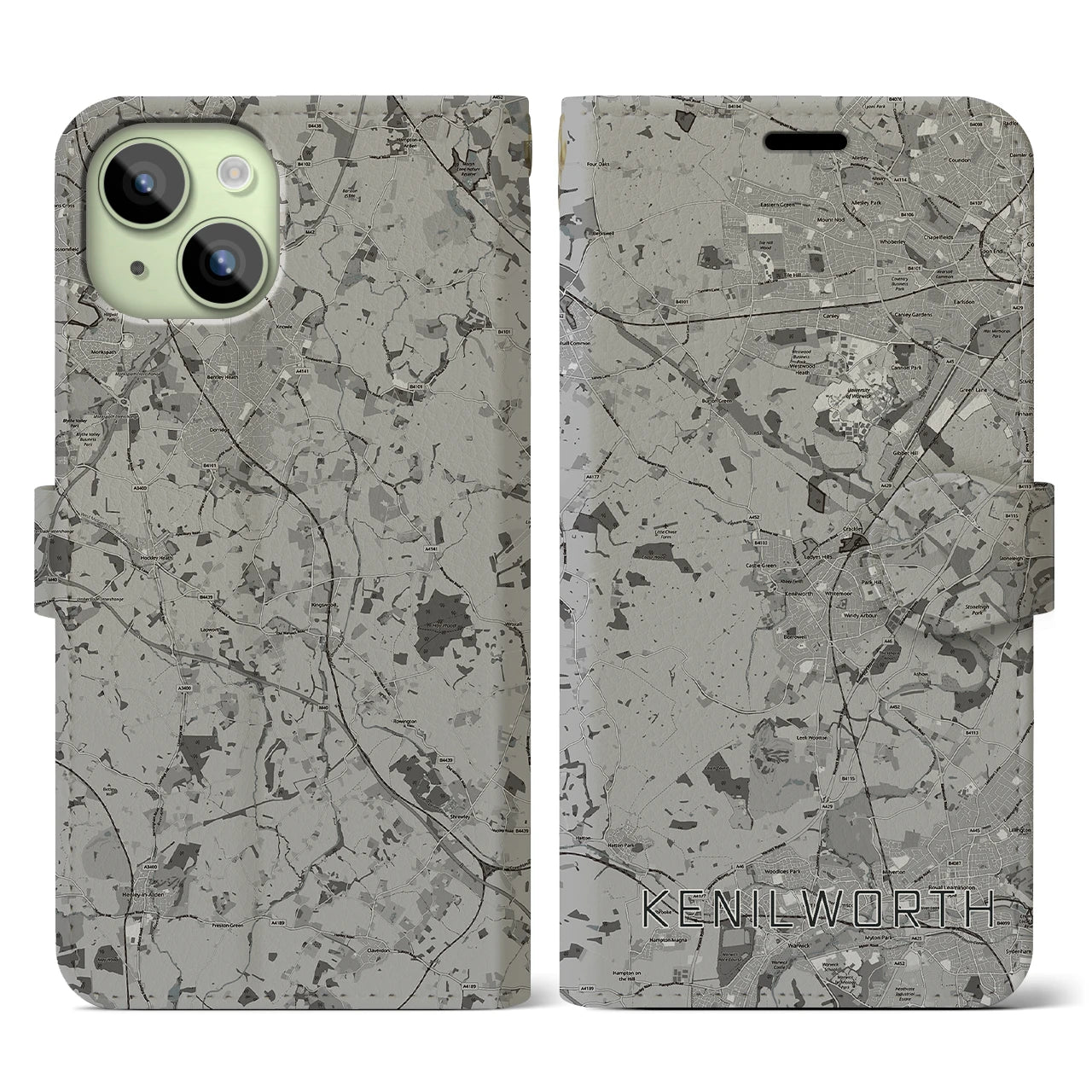 【ケニルワース(イギリス)】地図柄iPhoneケース(手帳タイプ)モノトーン・iPhone 15 用