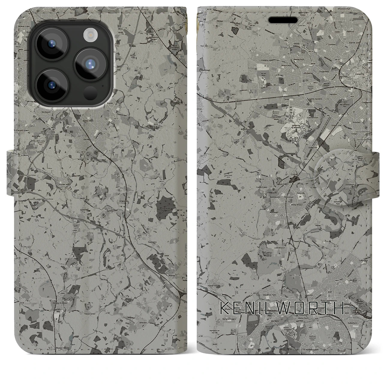 【ケニルワース(イギリス)】地図柄iPhoneケース(手帳タイプ)モノトーン・iPhone 15 Pro Max 用