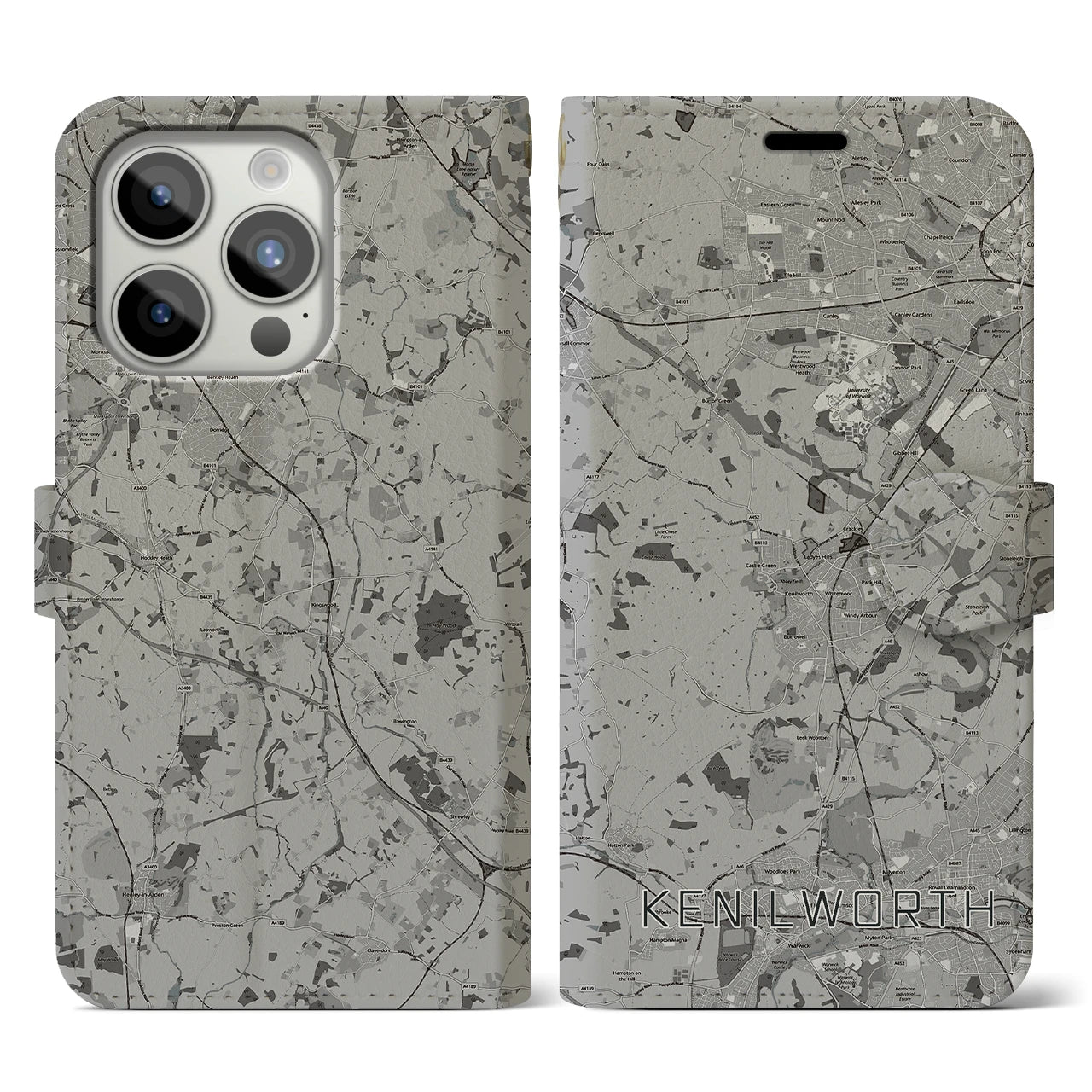 【ケニルワース(イギリス)】地図柄iPhoneケース(手帳タイプ)モノトーン・iPhone 15 Pro 用