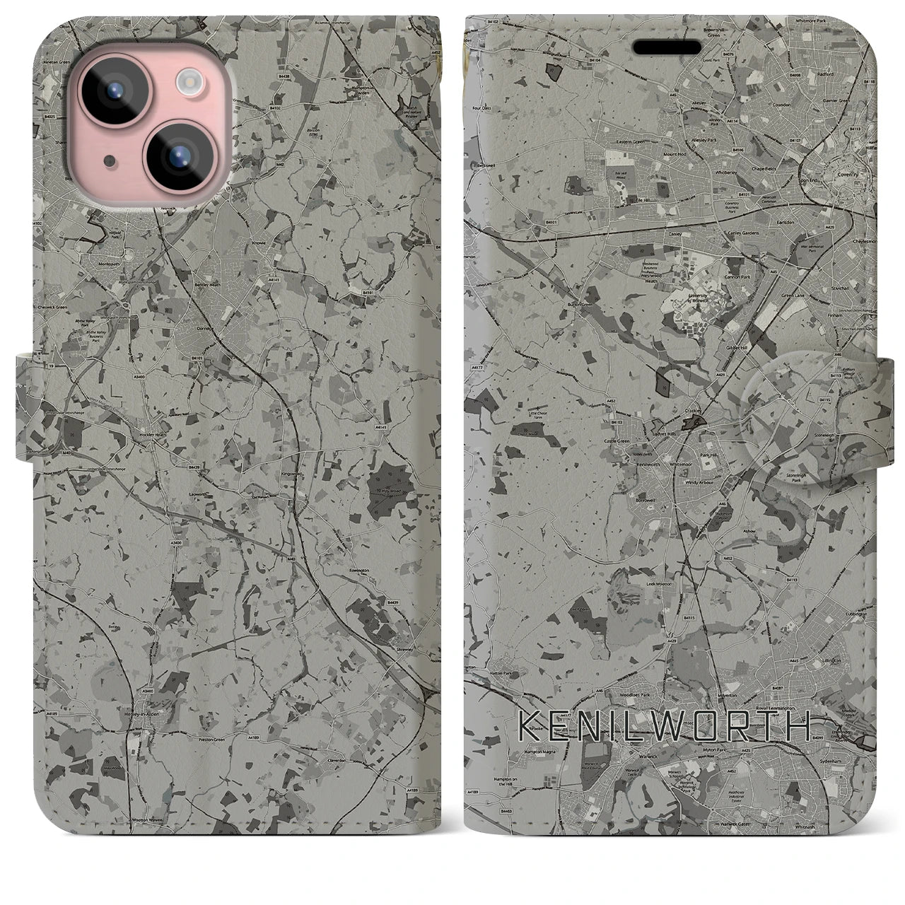 【ケニルワース(イギリス)】地図柄iPhoneケース(手帳タイプ)モノトーン・iPhone 15 Plus 用