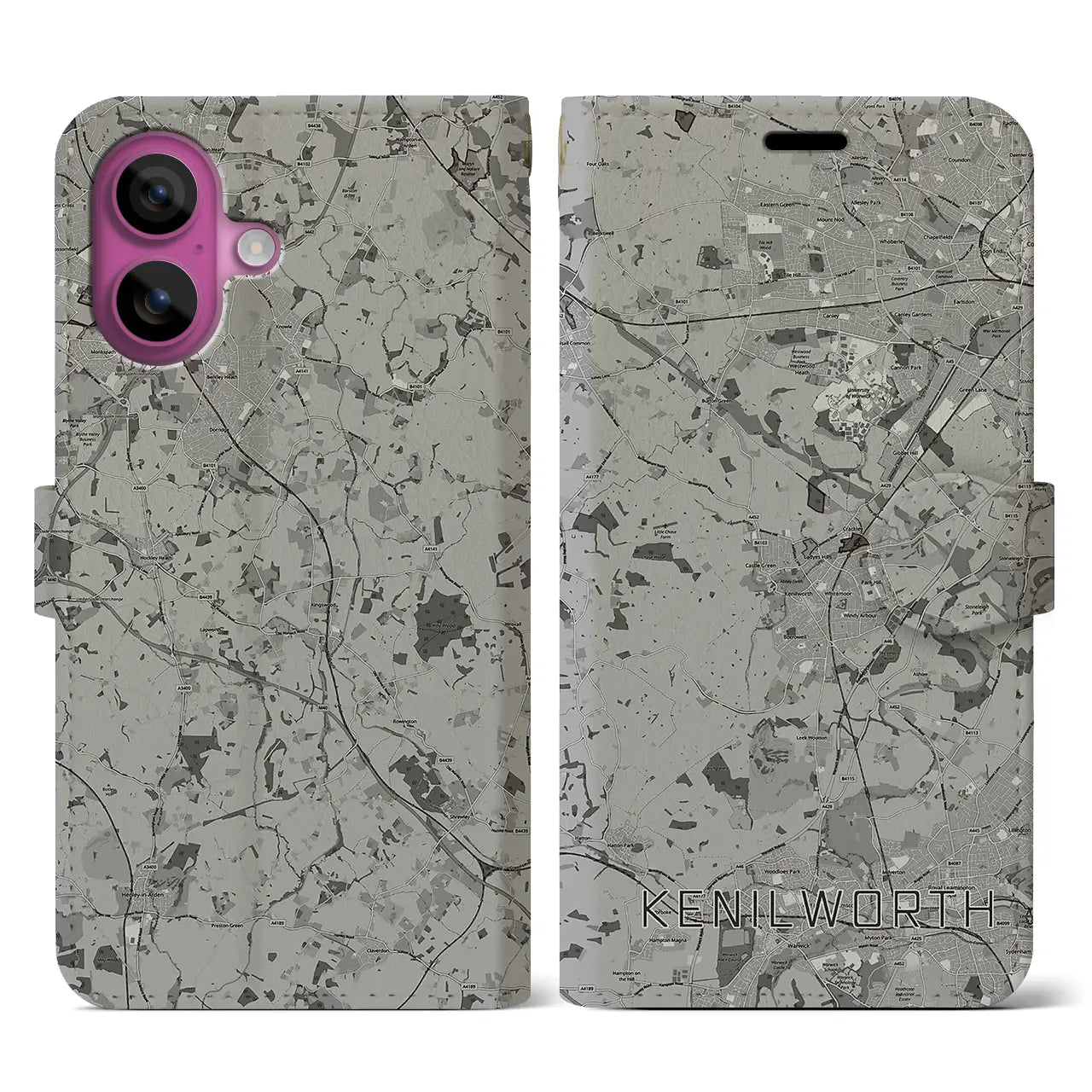 【ケニルワース(イギリス)】地図柄iPhoneケース(手帳タイプ)モノトーン・iPhone 16 Pro 用