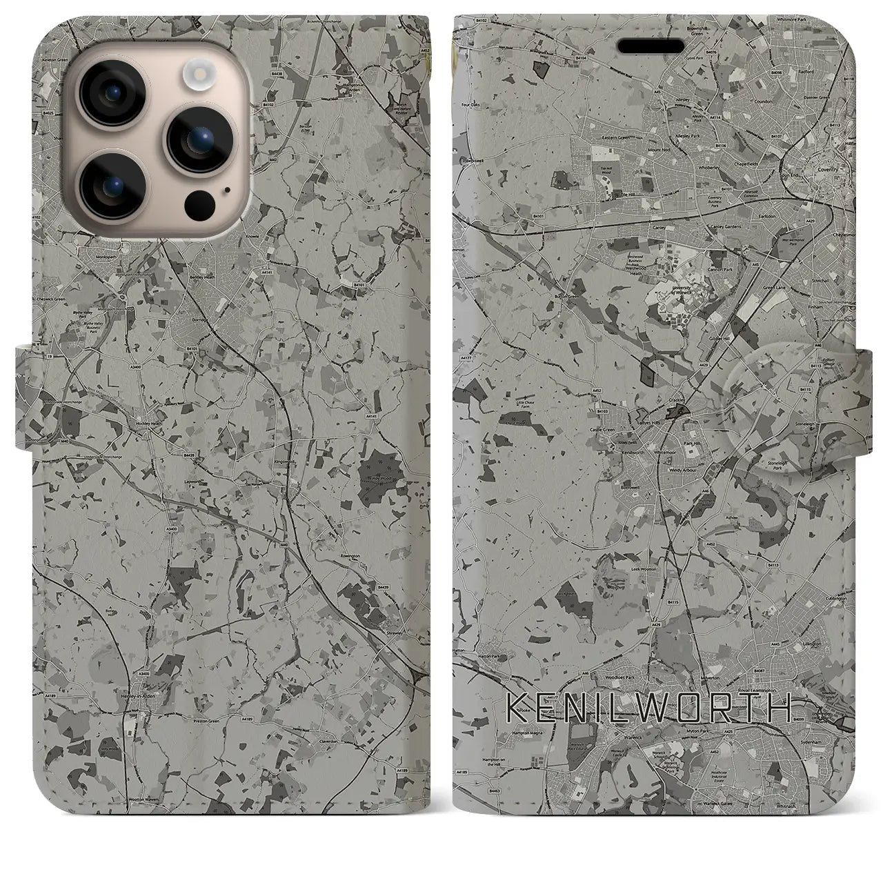 【ケニルワース(イギリス)】地図柄iPhoneケース(手帳タイプ)モノトーン・iPhone 16 Plus 用
