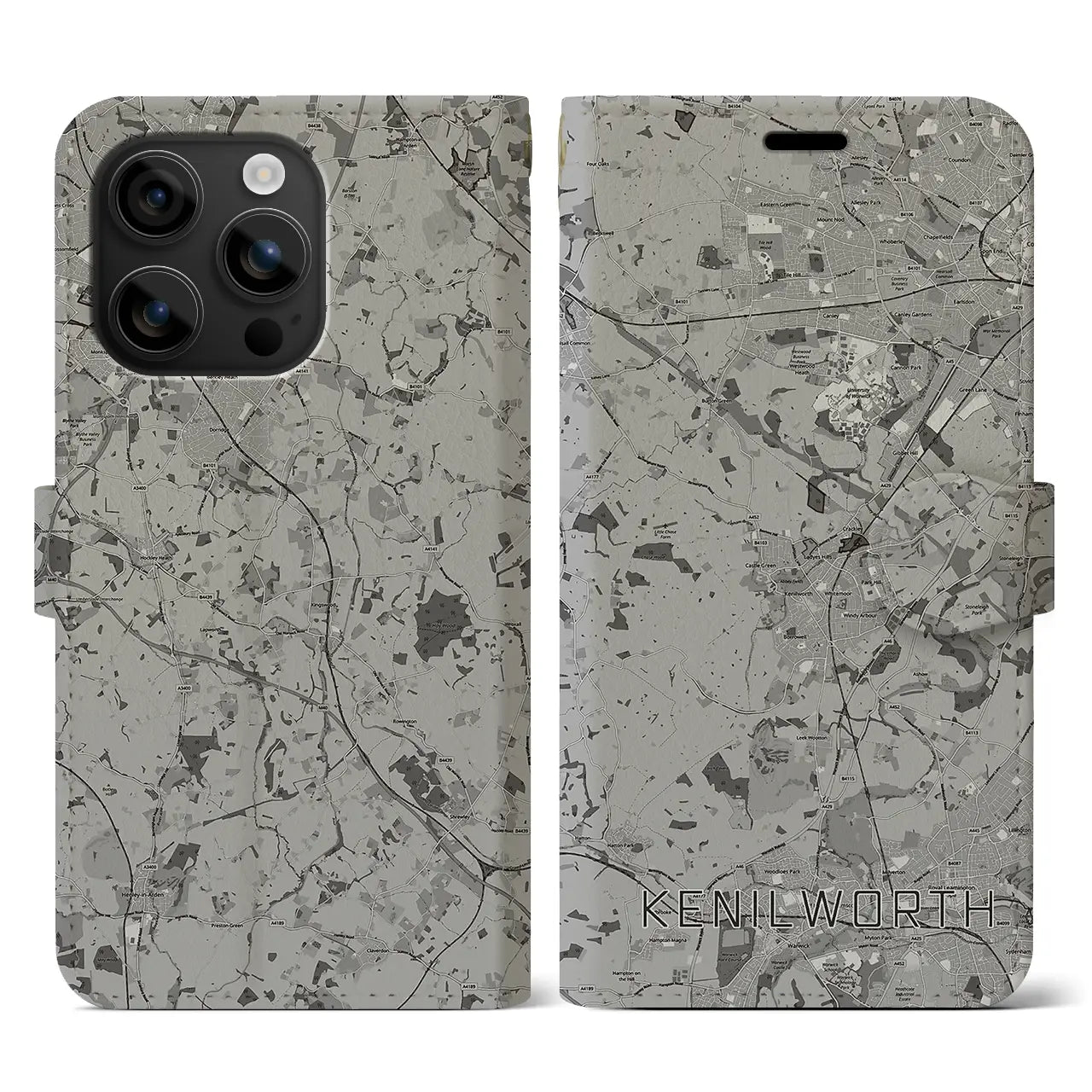 【ケニルワース(イギリス)】地図柄iPhoneケース(手帳タイプ)モノトーン・iPhone 16 用