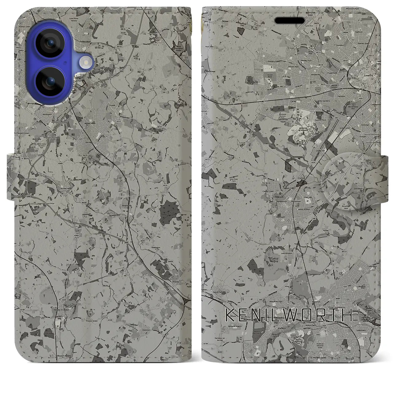 【ケニルワース(イギリス)】地図柄iPhoneケース(手帳タイプ)モノトーン・iPhone 16 Pro Max 用