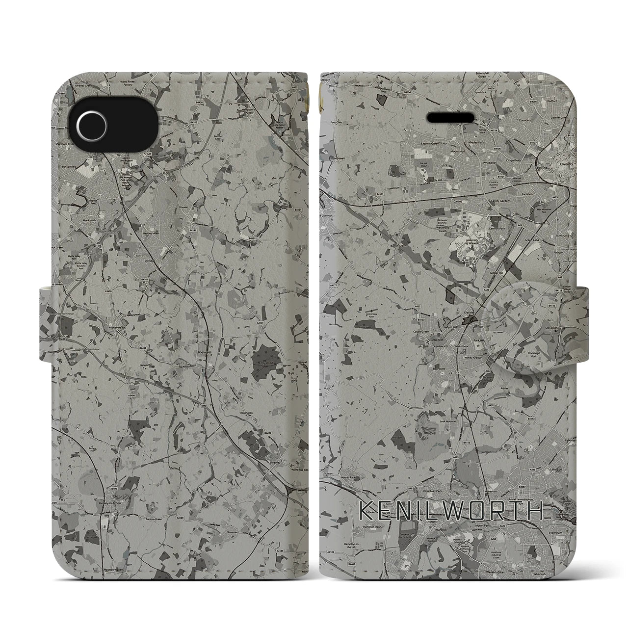 【ケニルワース(イギリス)】地図柄iPhoneケース(手帳タイプ)モノトーン・iPhone SE(第3 / 第2世代) / 8 / 7 / 6s / 6 用