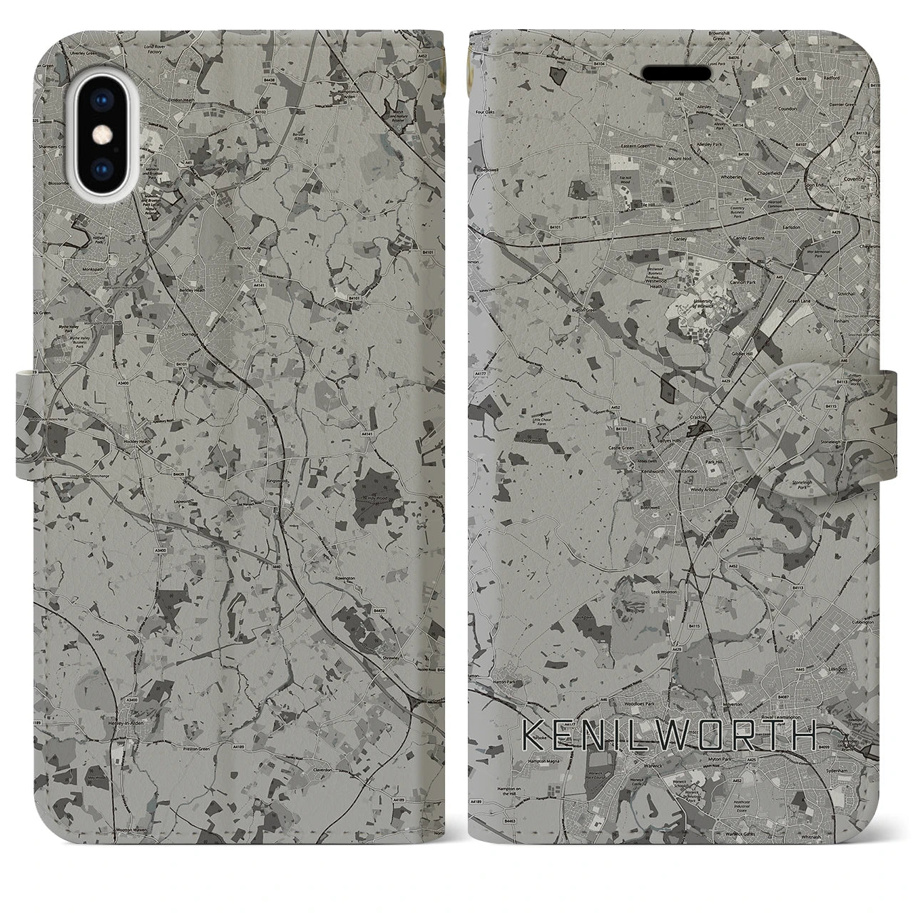 【ケニルワース(イギリス)】地図柄iPhoneケース(手帳タイプ)モノトーン・iPhone XS Max 用
