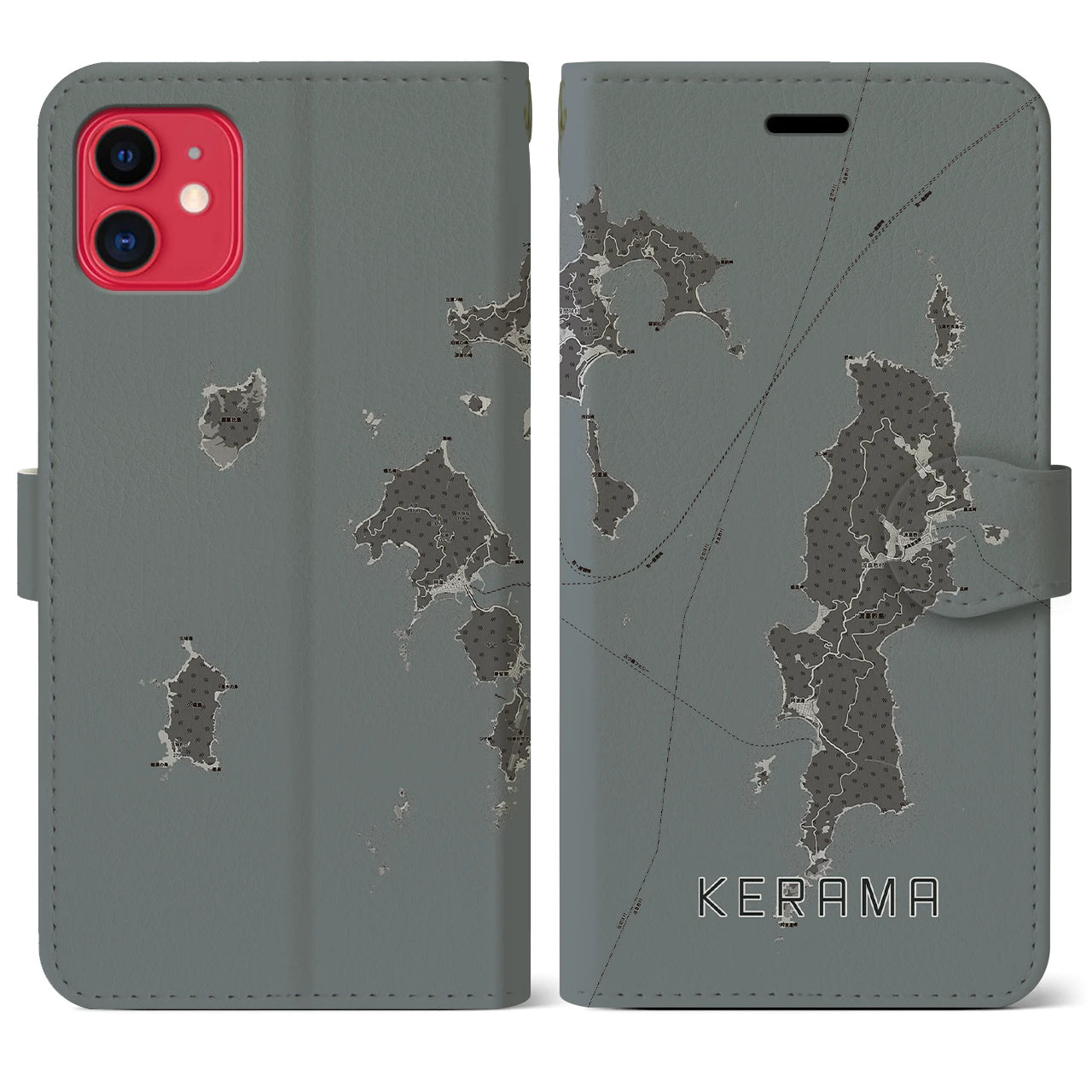 【慶良間(沖縄県)】地図柄iPhoneケース(手帳タイプ)モノトーン・iPhone 11 用