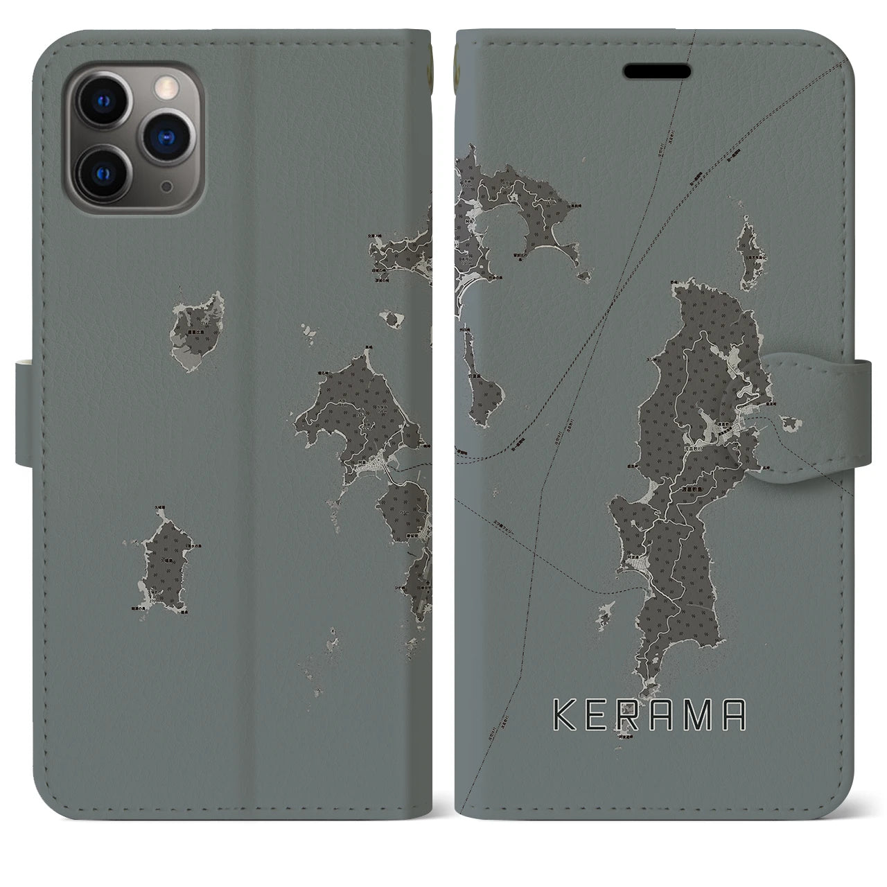 【慶良間(沖縄県)】地図柄iPhoneケース(手帳タイプ)モノトーン・iPhone 11 Pro Max 用