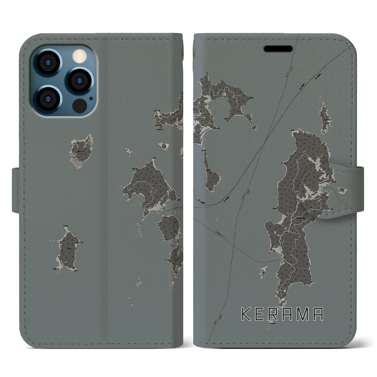 【慶良間(沖縄県)】地図柄iPhoneケース(手帳タイプ)モノトーン・iPhone 12 / 12 Pro 用