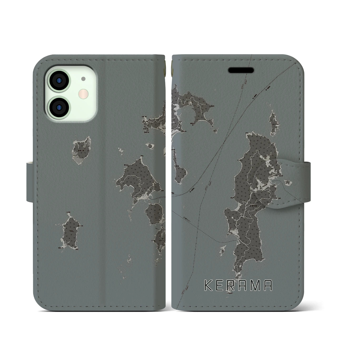 【慶良間(沖縄県)】地図柄iPhoneケース(手帳タイプ)モノトーン・iPhone 12 mini 用