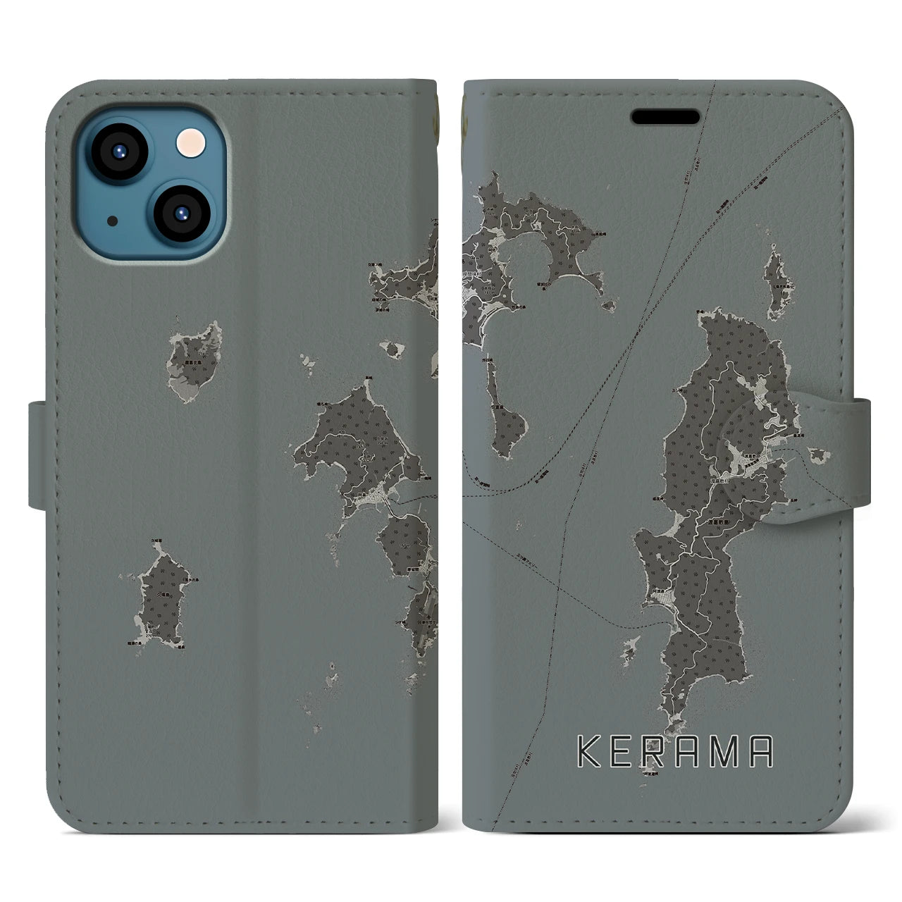 【慶良間(沖縄県)】地図柄iPhoneケース(手帳タイプ)モノトーン・iPhone 13 用