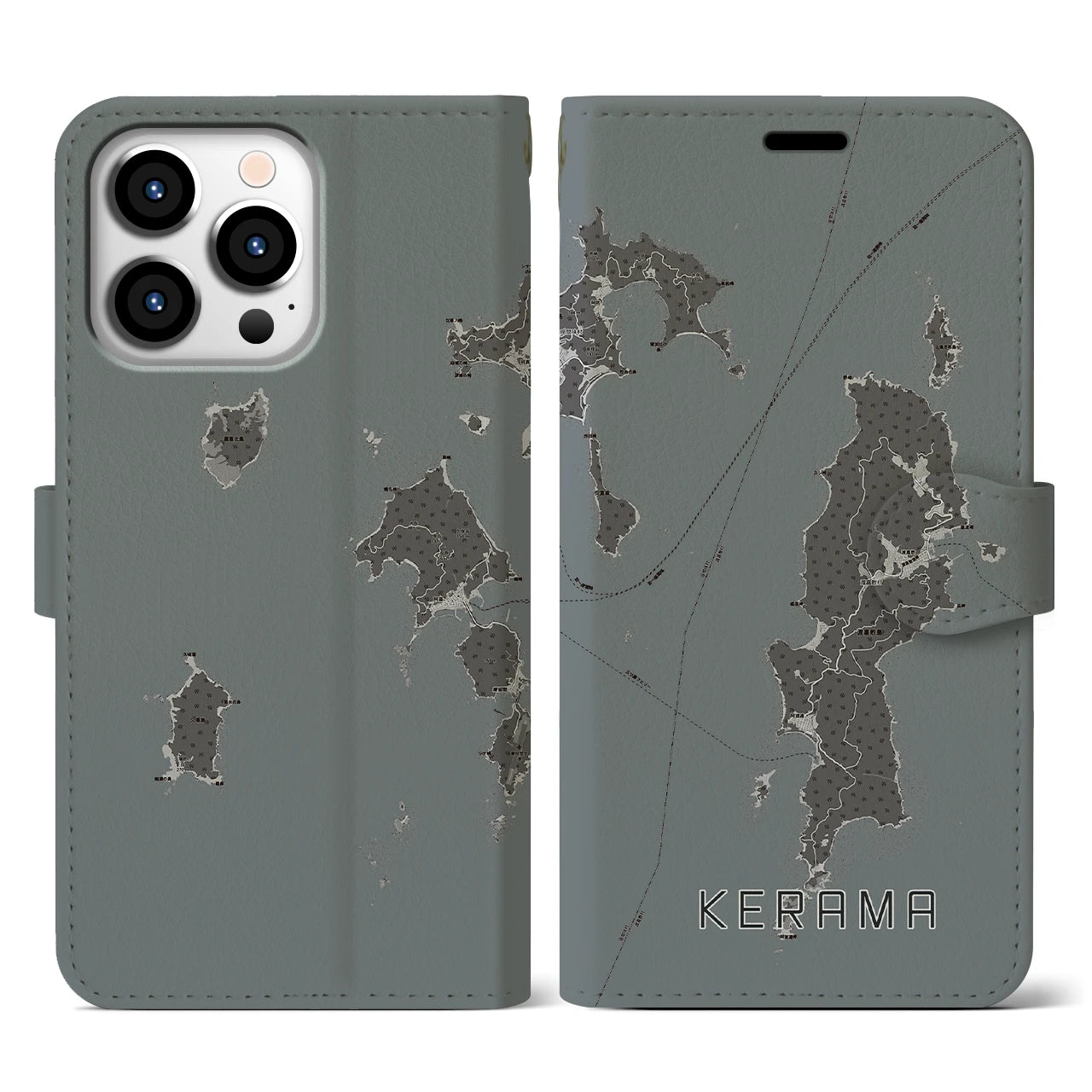 【慶良間(沖縄県)】地図柄iPhoneケース(手帳タイプ)モノトーン・iPhone 13 Pro 用