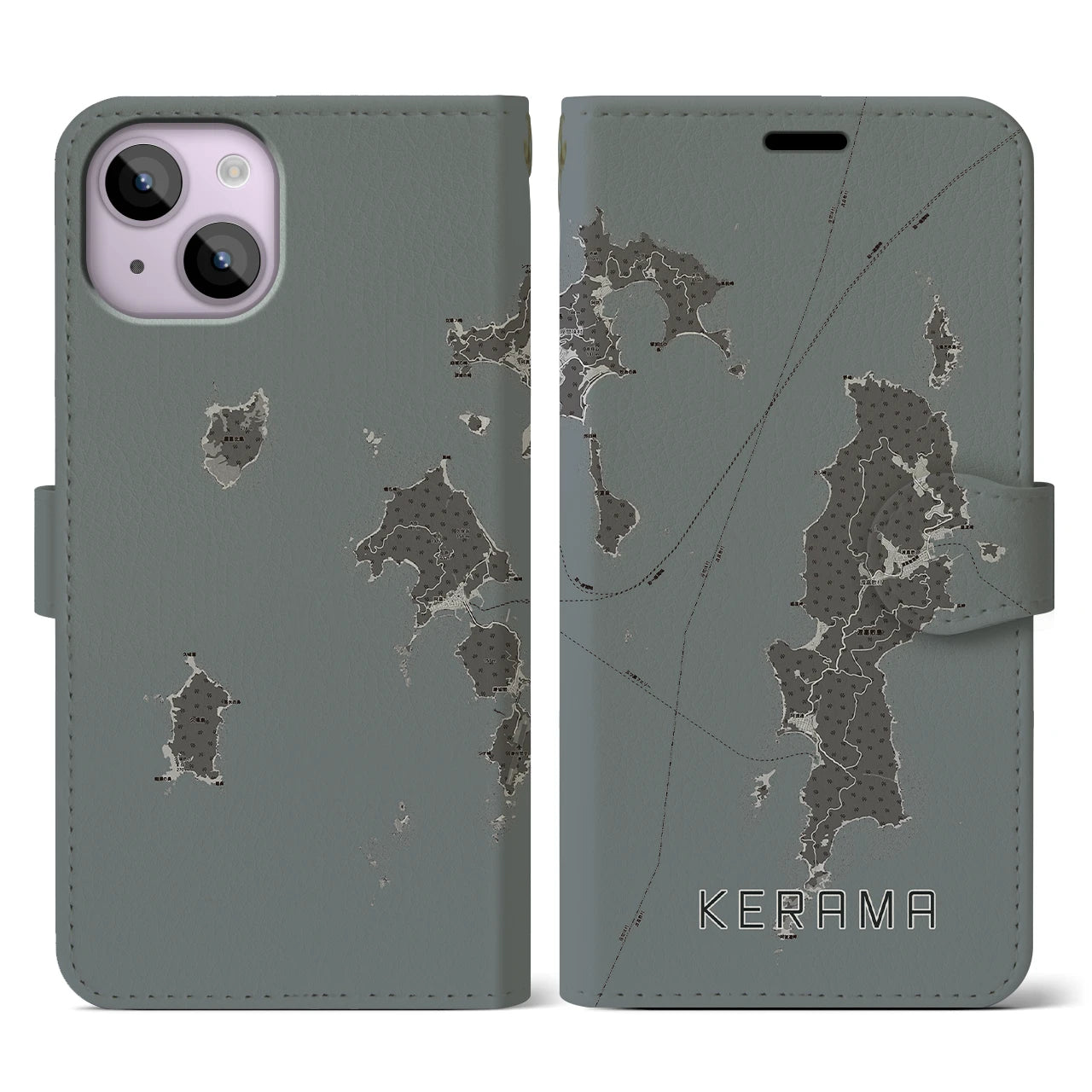 【慶良間(沖縄県)】地図柄iPhoneケース(手帳タイプ)モノトーン・iPhone 14 用