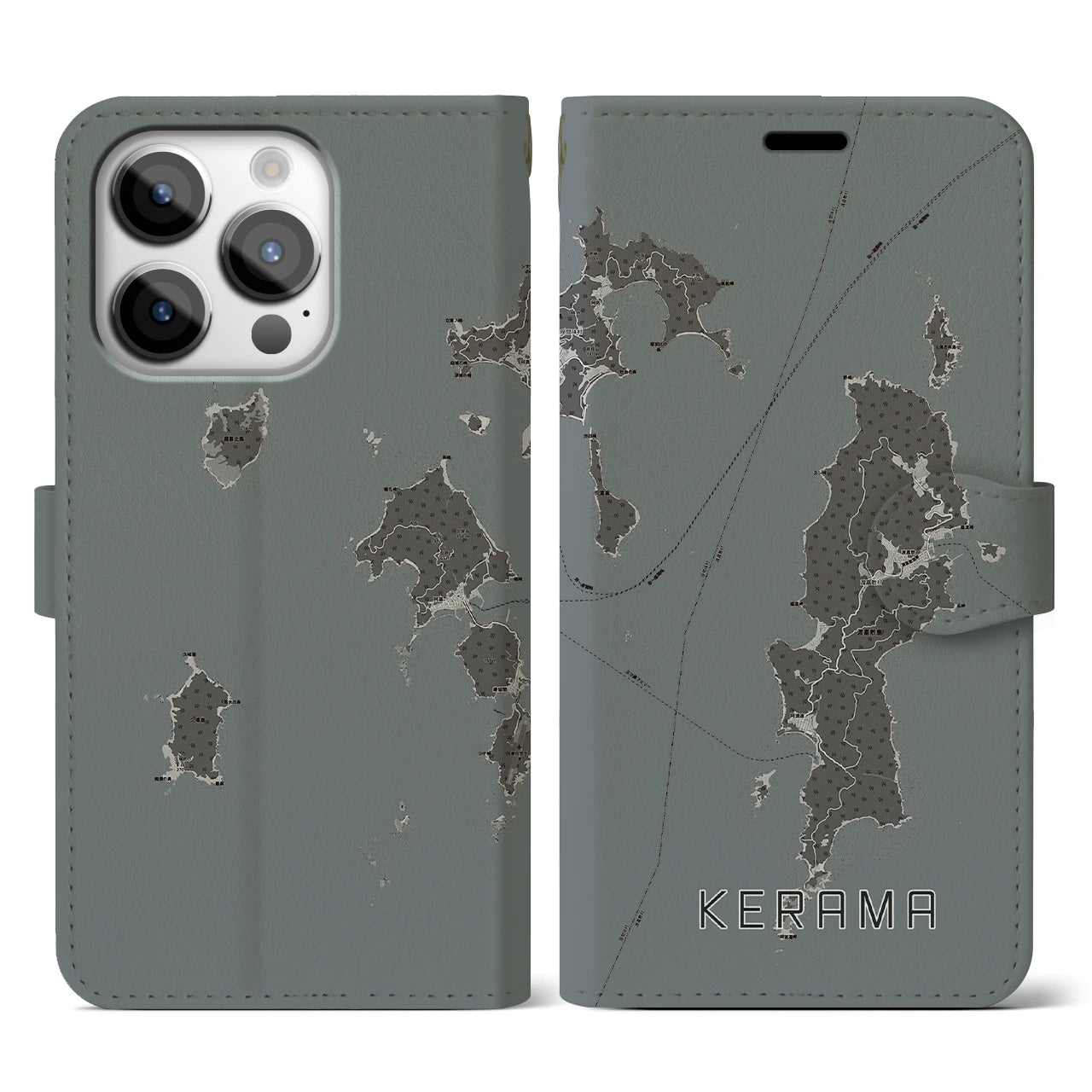 【慶良間(沖縄県)】地図柄iPhoneケース(手帳タイプ)モノトーン・iPhone 14 Pro 用