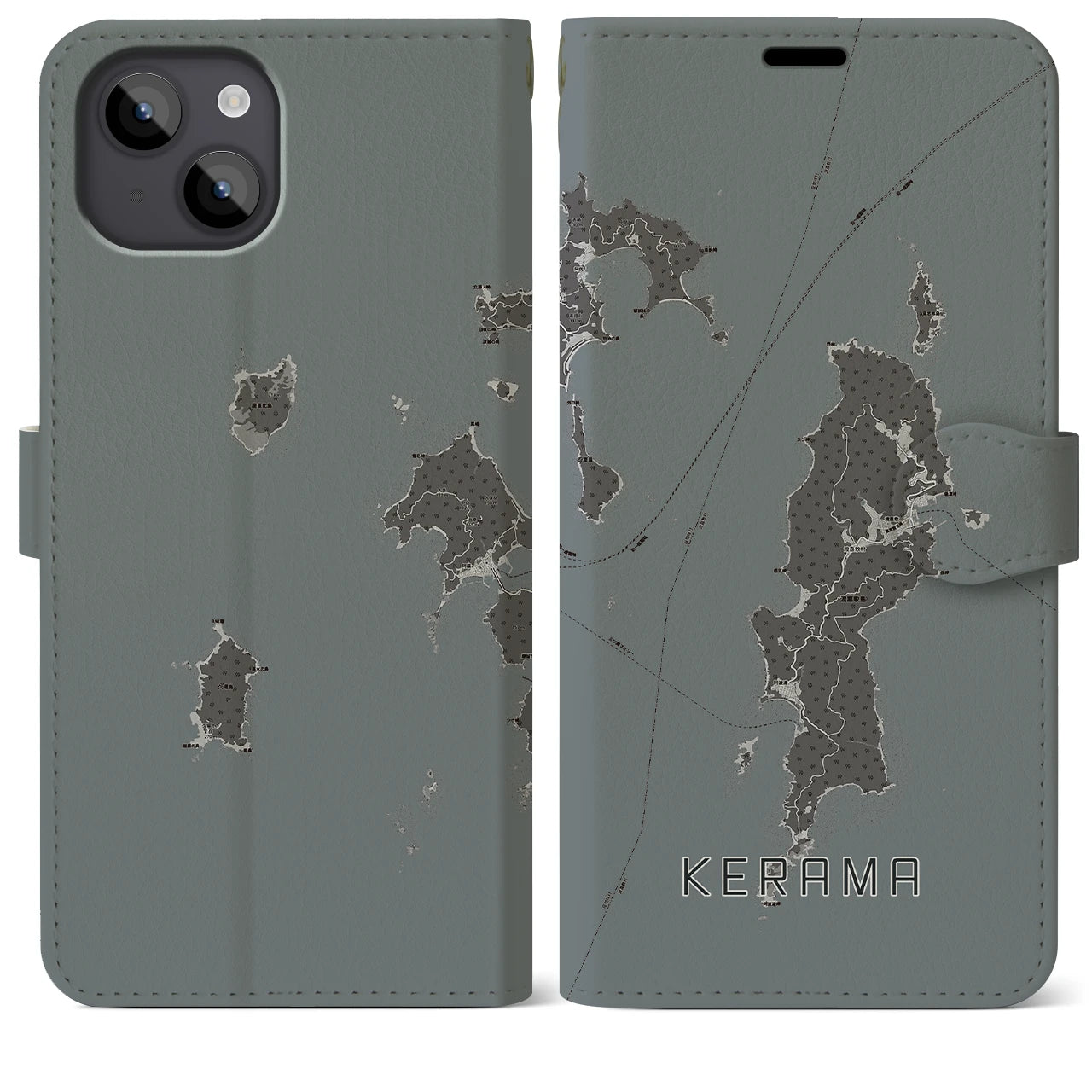 【慶良間(沖縄県)】地図柄iPhoneケース(手帳タイプ)モノトーン・iPhone 14 Plus 用