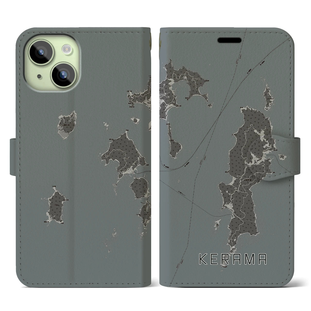 【慶良間(沖縄県)】地図柄iPhoneケース(手帳タイプ)モノトーン・iPhone 15 用
