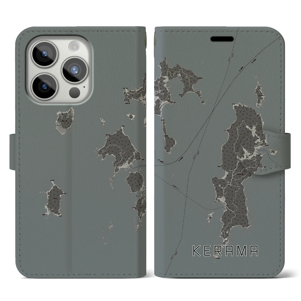 【慶良間(沖縄県)】地図柄iPhoneケース(手帳タイプ)モノトーン・iPhone 15 Pro 用