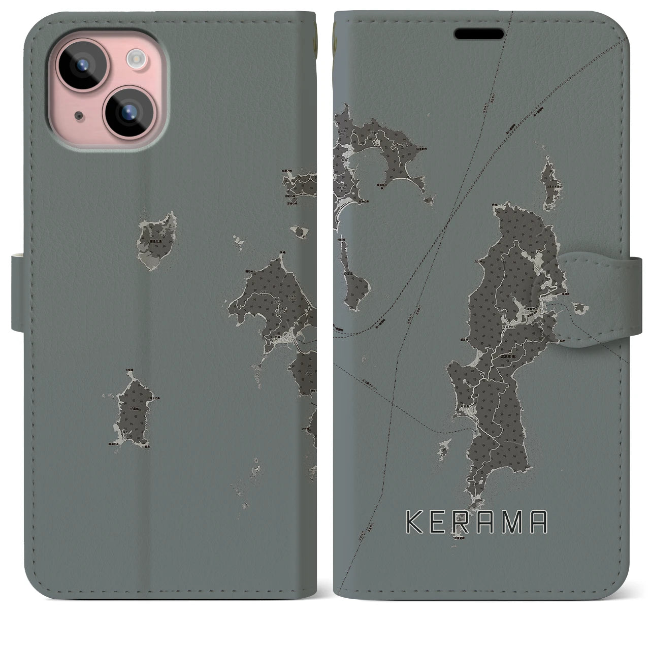 【慶良間(沖縄県)】地図柄iPhoneケース(手帳タイプ)モノトーン・iPhone 15 Plus 用