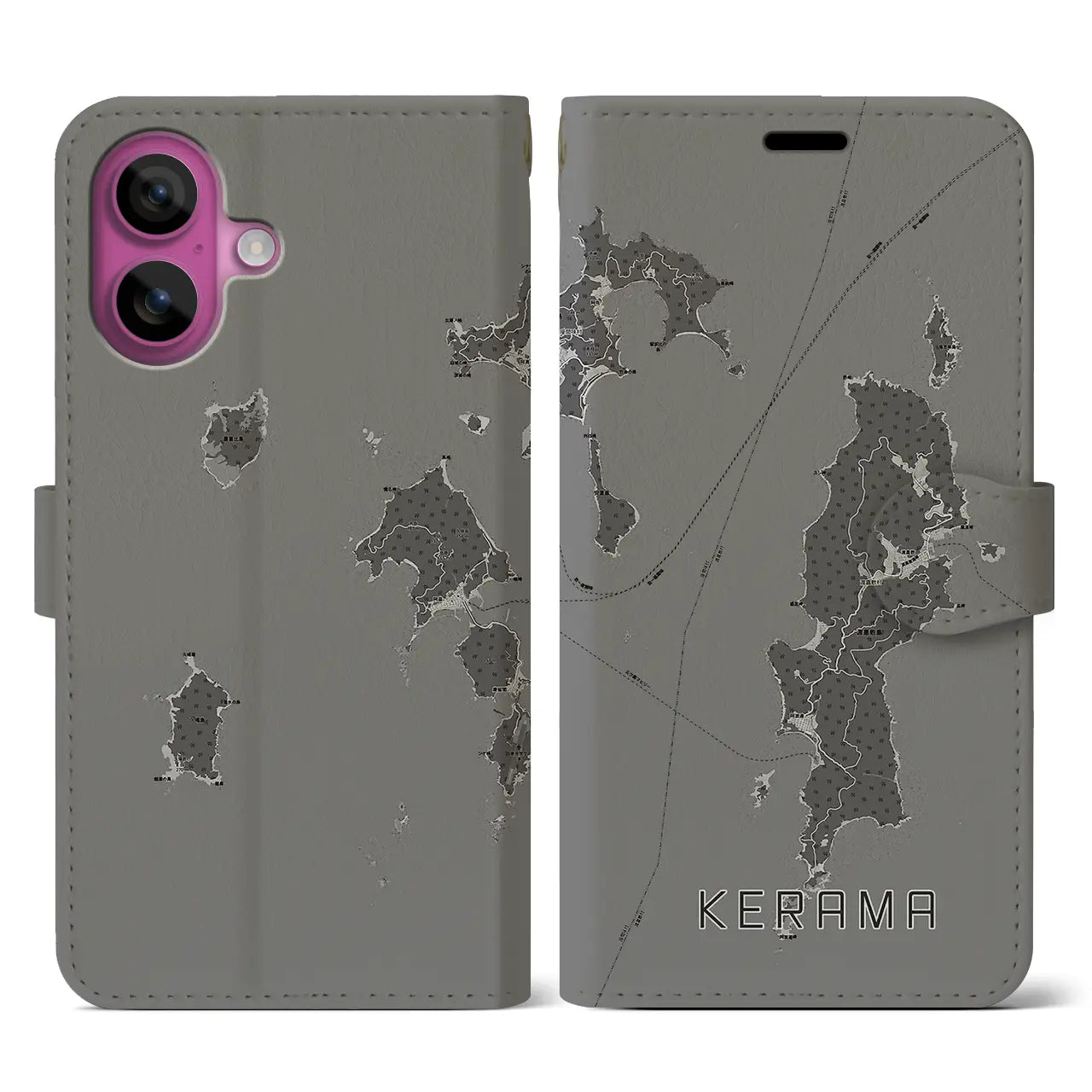【慶良間(沖縄県)】地図柄iPhoneケース(手帳タイプ)モノトーン・iPhone 16 Pro 用