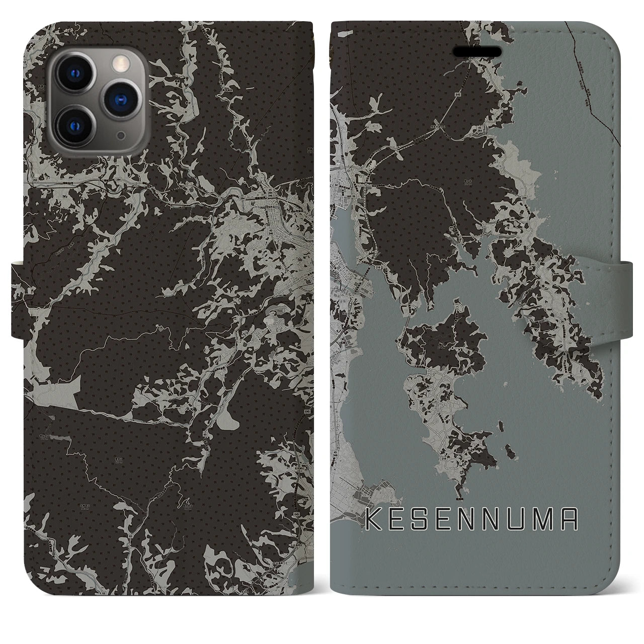 【気仙沼(宮城県)】地図柄iPhoneケース(手帳タイプ)モノトーン・iPhone 11 Pro Max 用