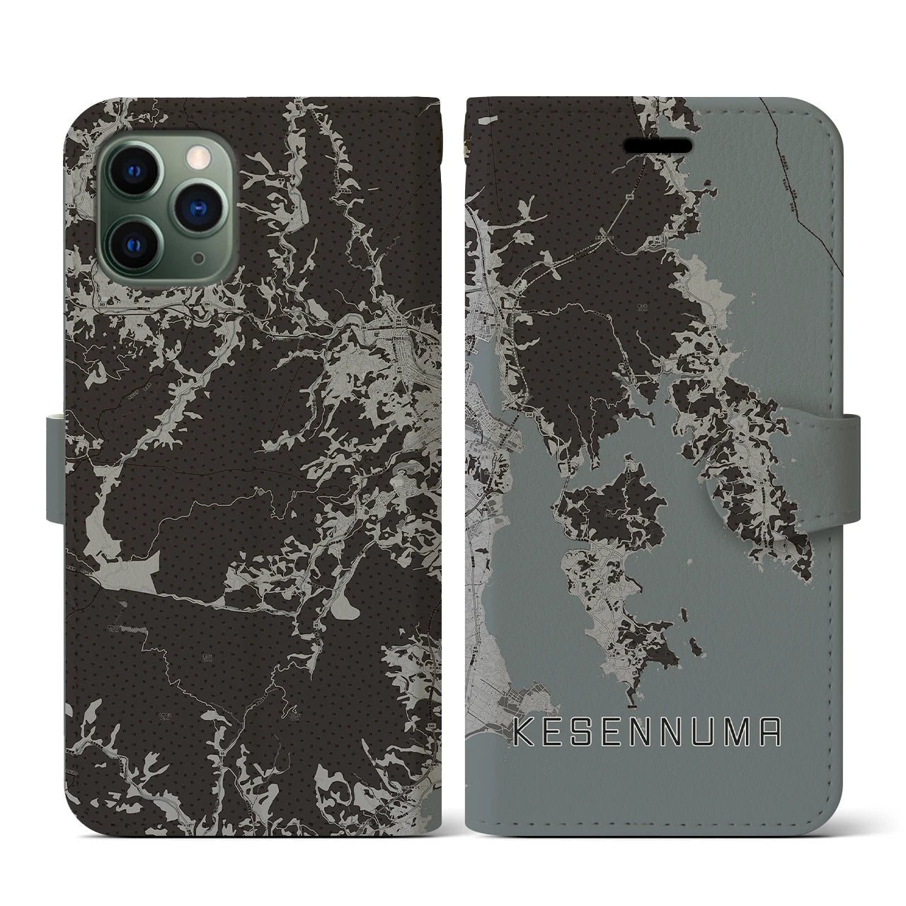 【気仙沼(宮城県)】地図柄iPhoneケース(手帳タイプ)モノトーン・iPhone 11 Pro 用