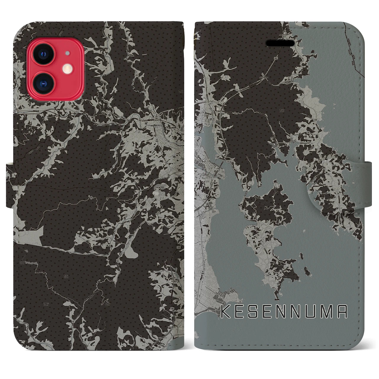 【気仙沼(宮城県)】地図柄iPhoneケース(手帳タイプ)モノトーン・iPhone 11 用