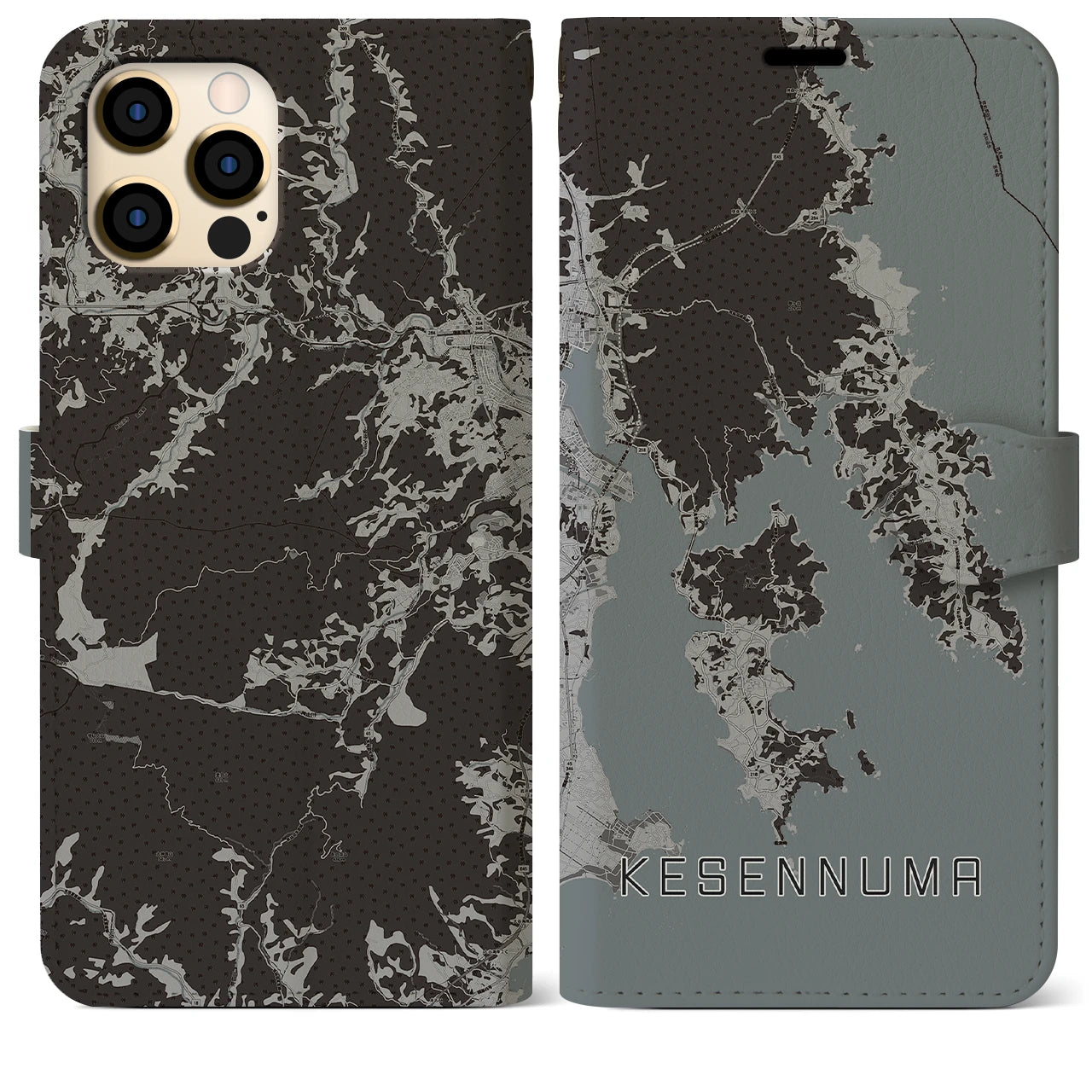 【気仙沼(宮城県)】地図柄iPhoneケース(手帳タイプ)モノトーン・iPhone 12 Pro Max 用