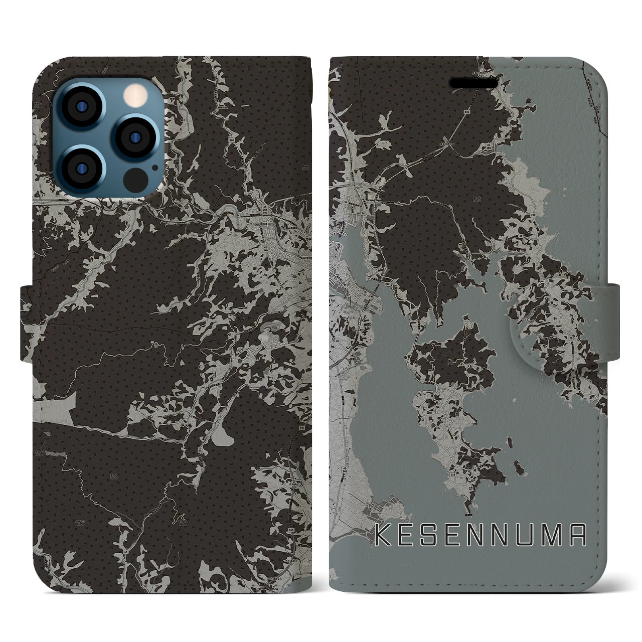 【気仙沼(宮城県)】地図柄iPhoneケース(手帳タイプ)モノトーン・iPhone 12 / 12 Pro 用