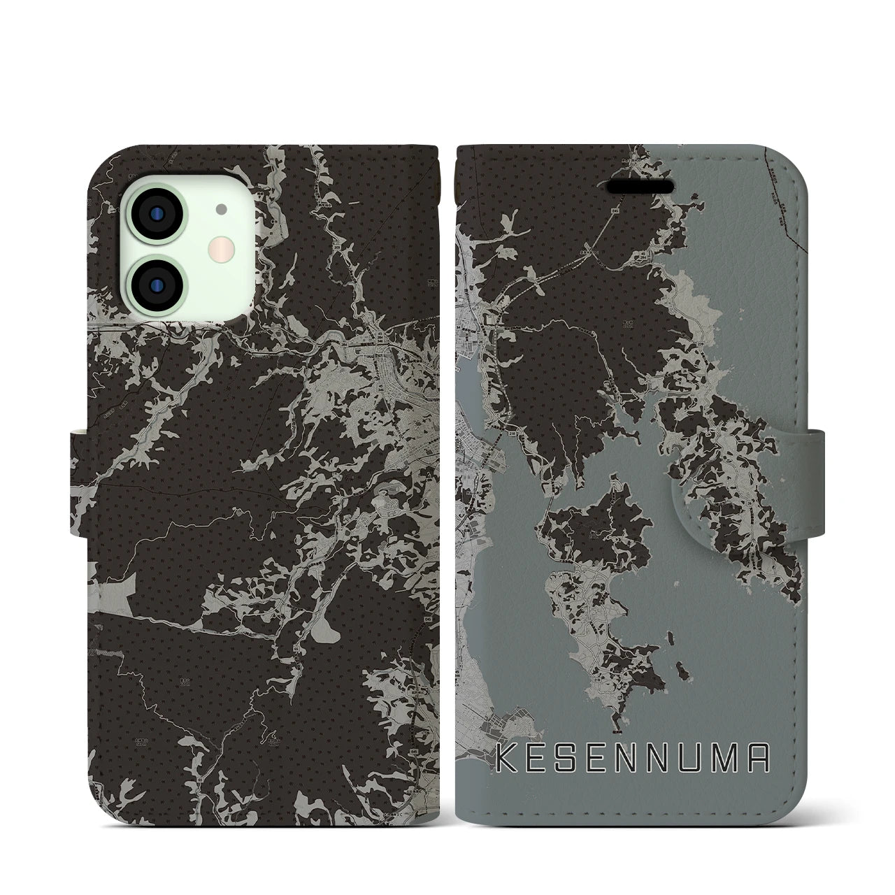 【気仙沼(宮城県)】地図柄iPhoneケース(手帳タイプ)モノトーン・iPhone 12 mini 用