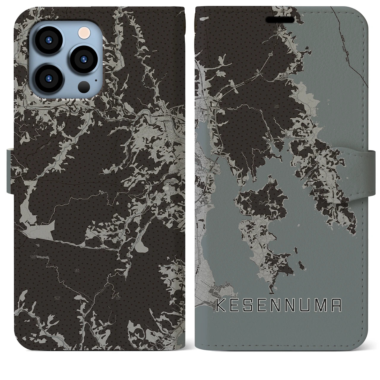 【気仙沼(宮城県)】地図柄iPhoneケース(手帳タイプ)モノトーン・iPhone 13 Pro Max 用