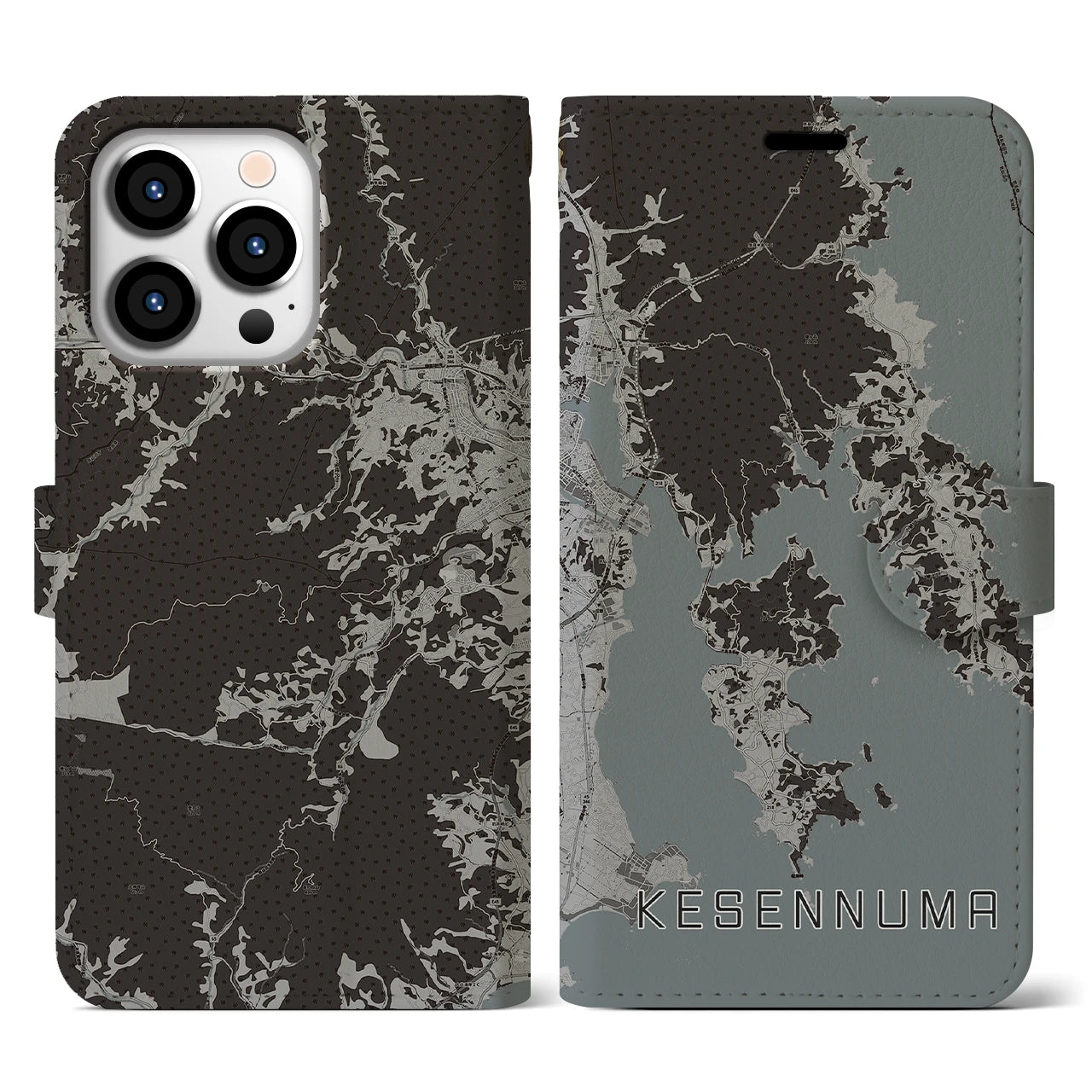 【気仙沼(宮城県)】地図柄iPhoneケース(手帳タイプ)モノトーン・iPhone 13 Pro 用