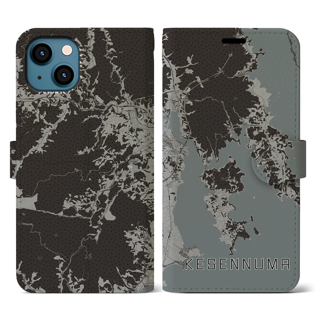 【気仙沼(宮城県)】地図柄iPhoneケース(手帳タイプ)モノトーン・iPhone 13 用