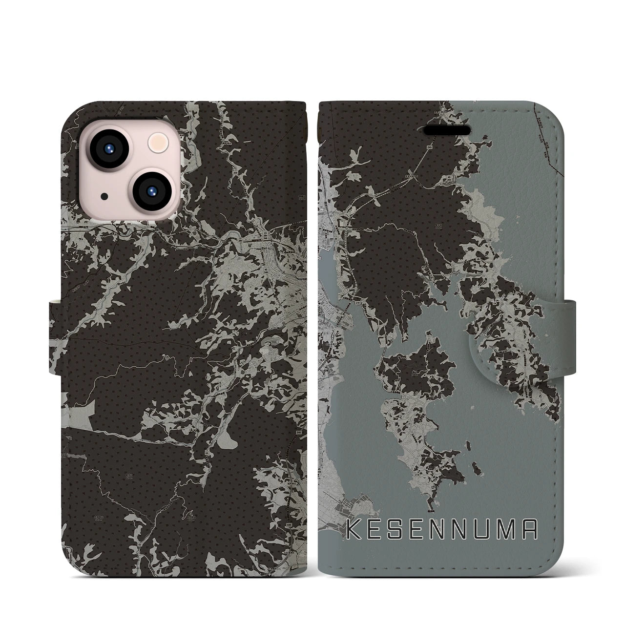 【気仙沼(宮城県)】地図柄iPhoneケース(手帳タイプ)モノトーン・iPhone 13 mini 用