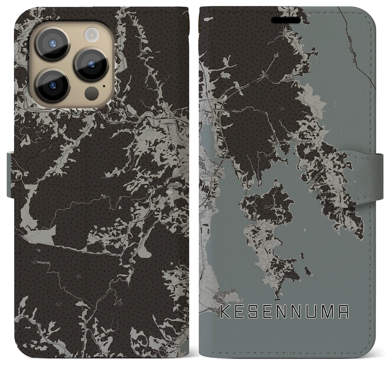 【気仙沼(宮城県)】地図柄iPhoneケース(手帳タイプ)モノトーン・iPhone 14 Pro Max 用