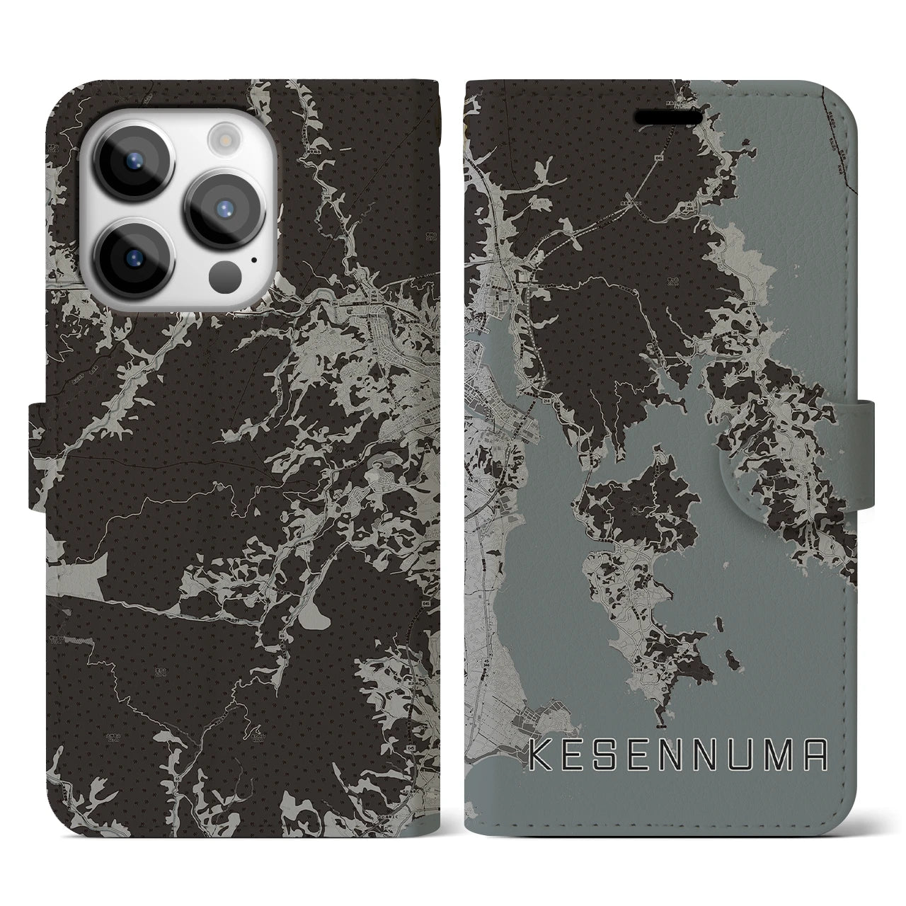 【気仙沼(宮城県)】地図柄iPhoneケース(手帳タイプ)モノトーン・iPhone 14 Pro 用