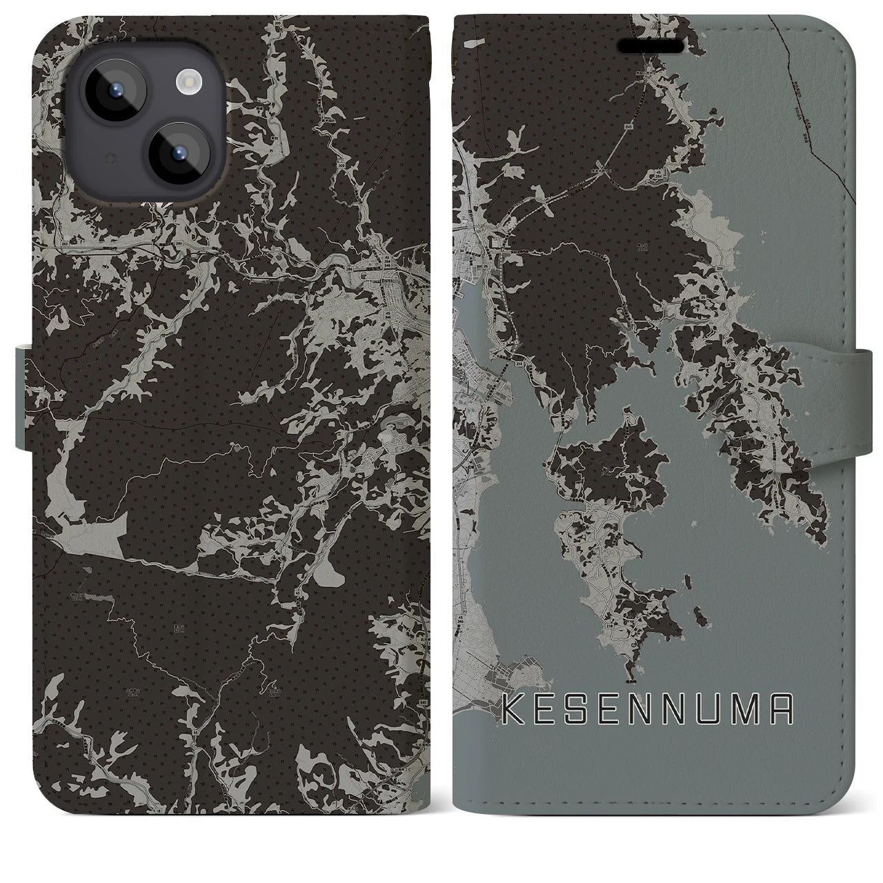 【気仙沼(宮城県)】地図柄iPhoneケース(手帳タイプ)モノトーン・iPhone 14 Plus 用