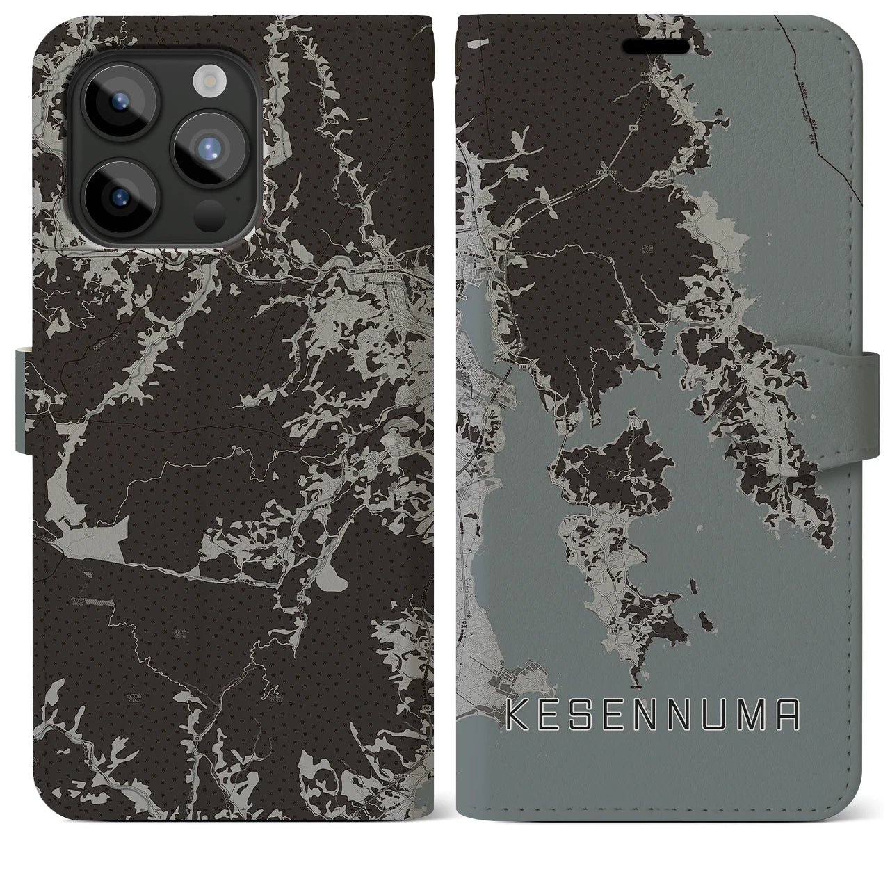 【気仙沼(宮城県)】地図柄iPhoneケース(手帳タイプ)モノトーン・iPhone 15 Pro Max 用