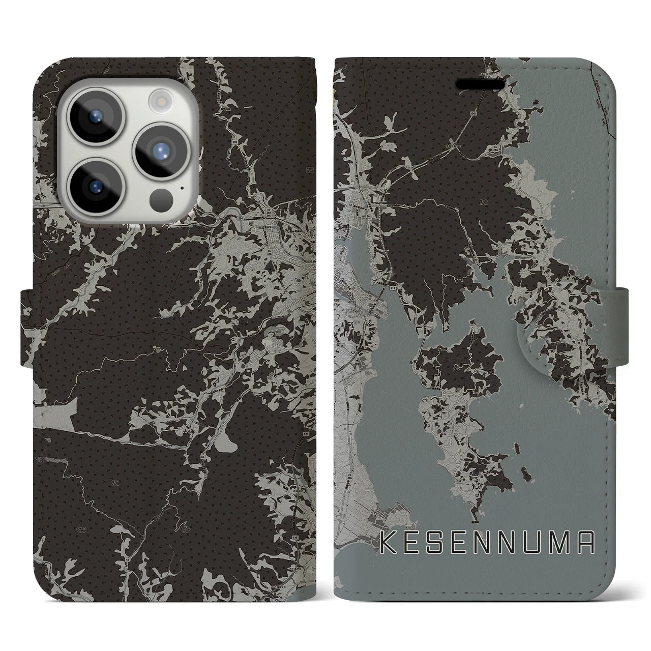 【気仙沼(宮城県)】地図柄iPhoneケース(手帳タイプ)モノトーン・iPhone 15 Pro 用