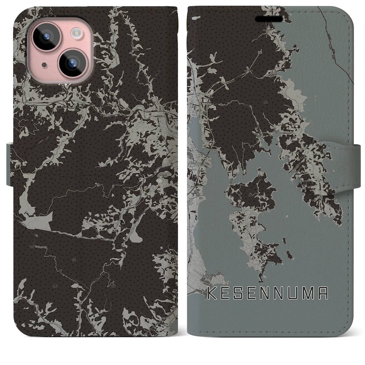 【気仙沼(宮城県)】地図柄iPhoneケース(手帳タイプ)モノトーン・iPhone 15 Plus 用