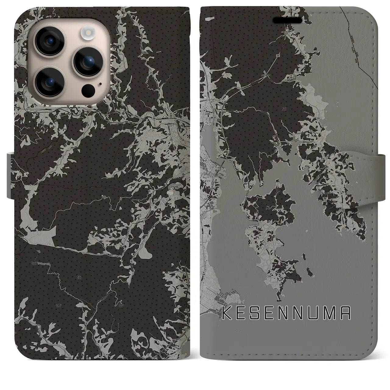 【気仙沼(宮城県)】地図柄iPhoneケース(手帳タイプ)モノトーン・iPhone 16 Plus 用
