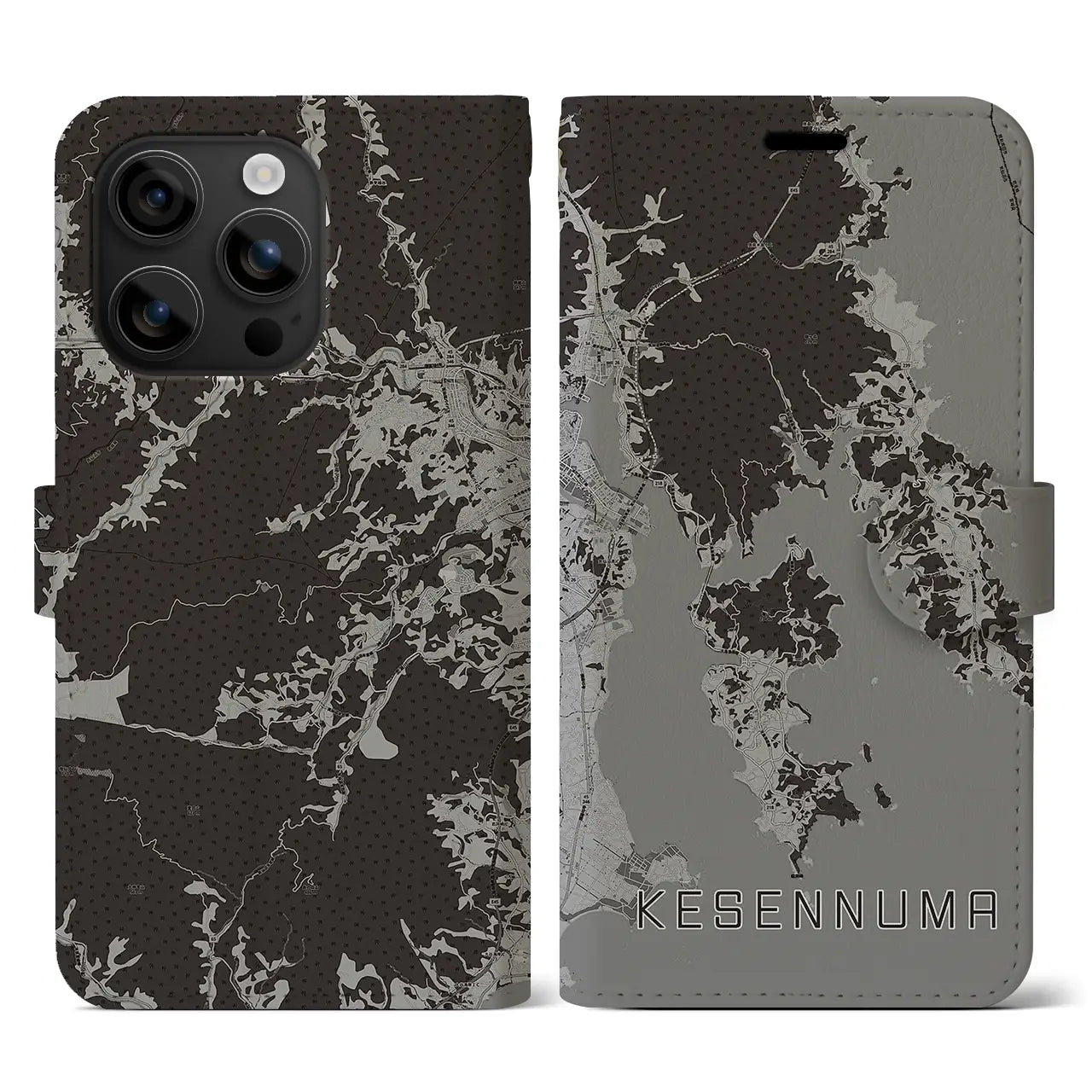 【気仙沼(宮城県)】地図柄iPhoneケース(手帳タイプ)モノトーン・iPhone 16 用