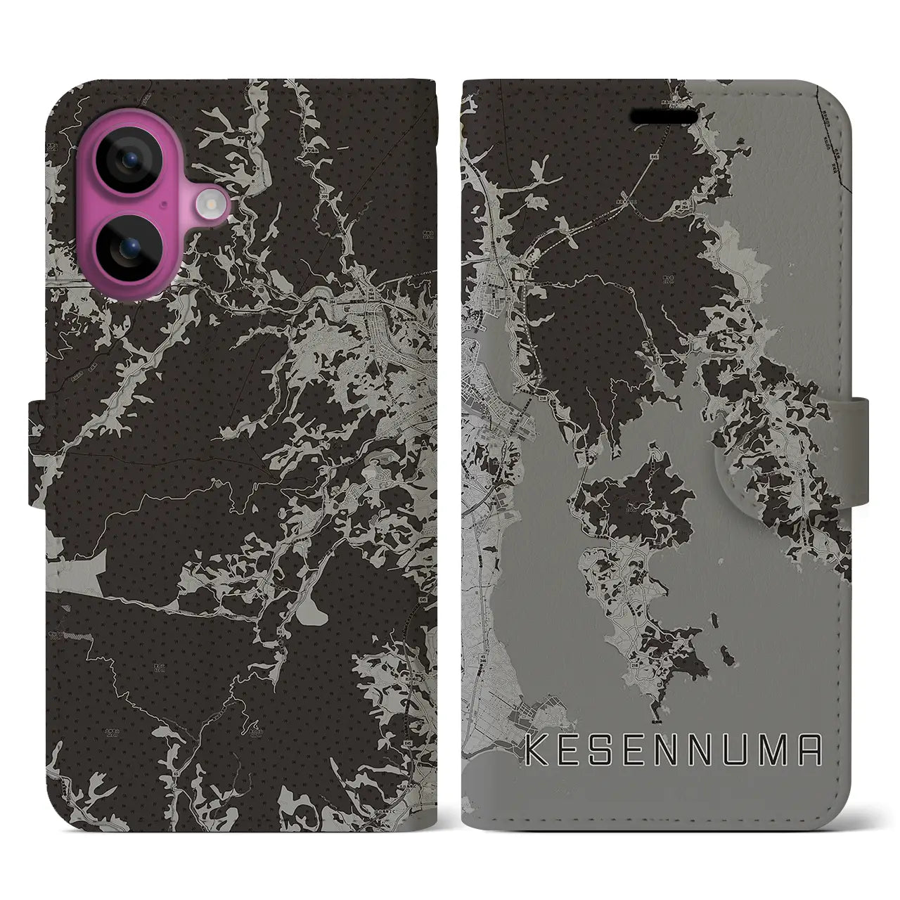 【気仙沼(宮城県)】地図柄iPhoneケース(手帳タイプ)モノトーン・iPhone 16 Pro 用