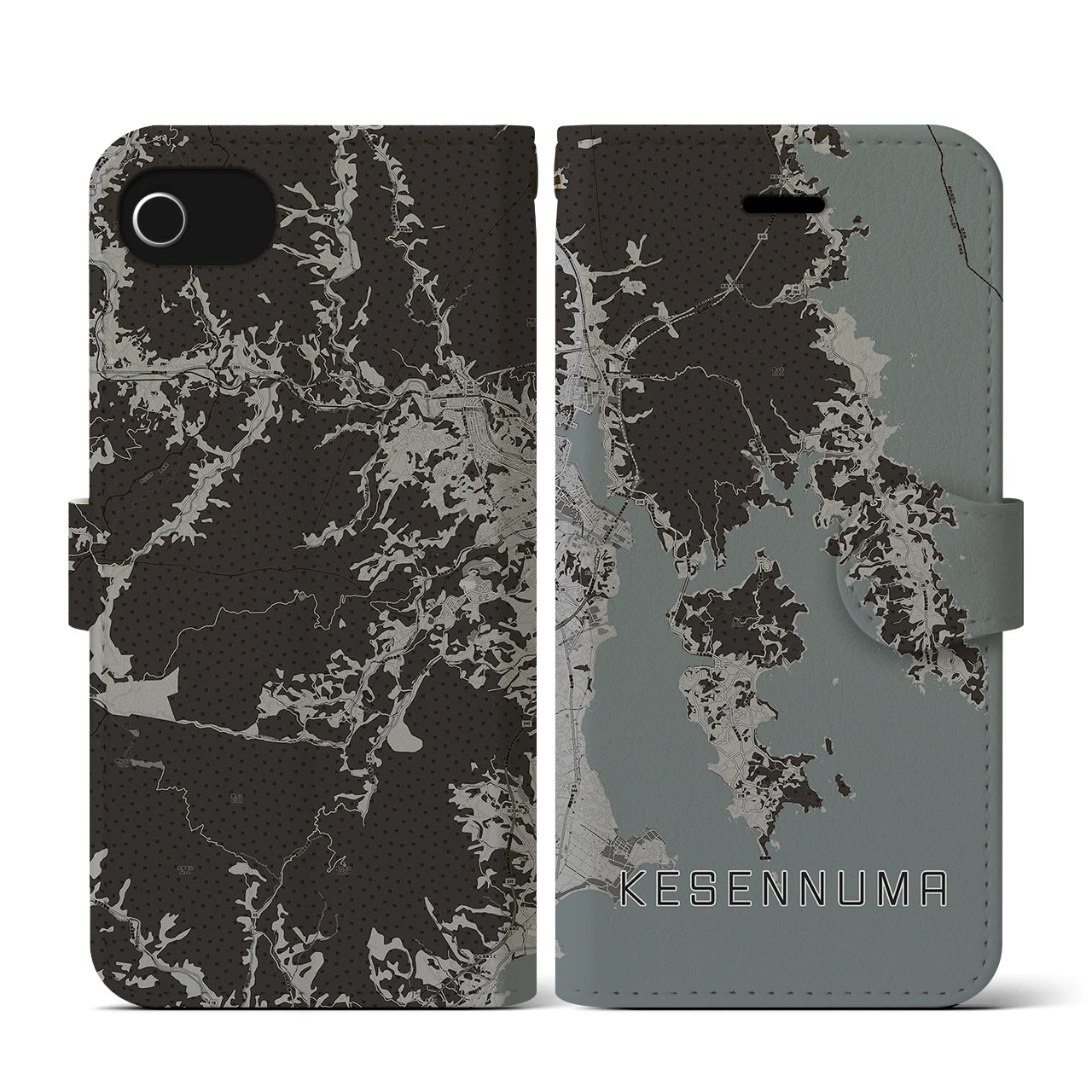【気仙沼(宮城県)】地図柄iPhoneケース(手帳タイプ)モノトーン・iPhone SE(第3 / 第2世代) / 8 / 7 / 6s / 6 用