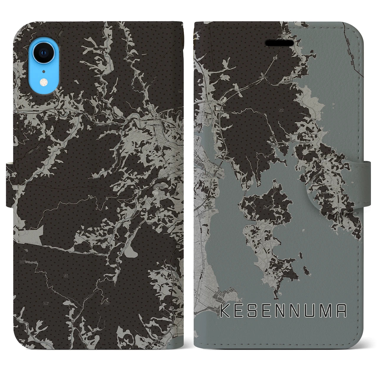 【気仙沼(宮城県)】地図柄iPhoneケース(手帳タイプ)モノトーン・iPhone XR 用