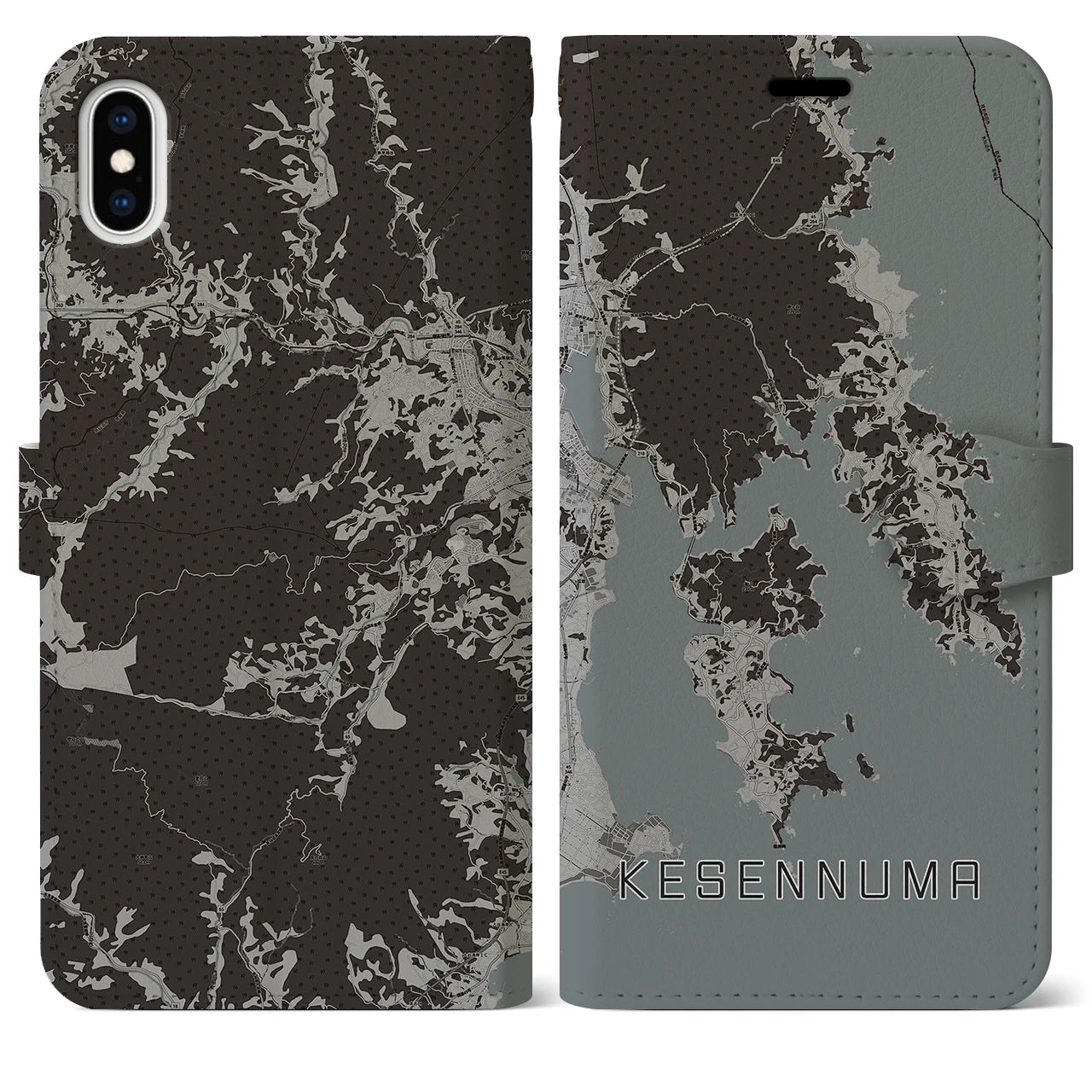 【気仙沼(宮城県)】地図柄iPhoneケース(手帳タイプ)モノトーン・iPhone XS Max 用