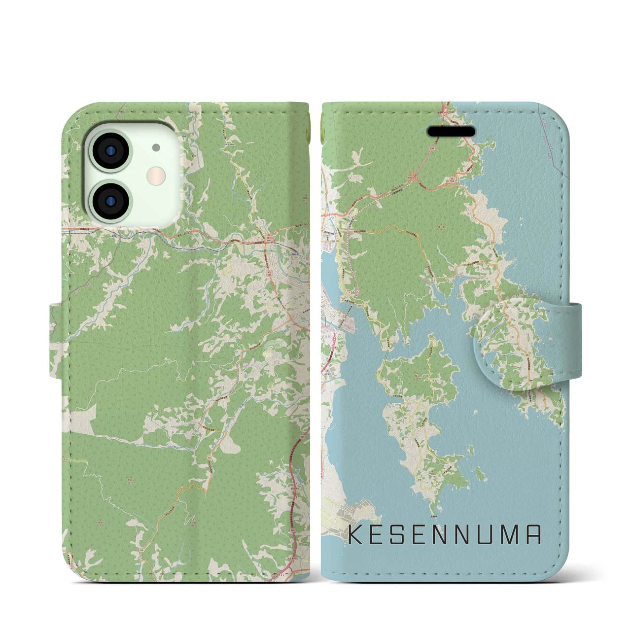 【気仙沼(宮城県)】地図柄iPhoneケース(手帳タイプ)ナチュラル・iPhone 12 mini 用