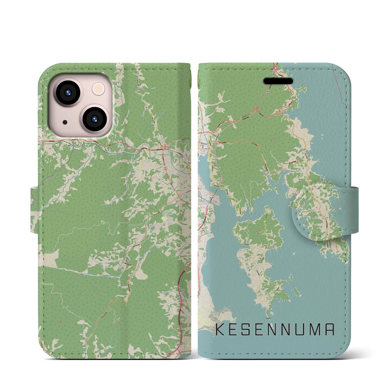 【気仙沼(宮城県)】地図柄iPhoneケース(手帳タイプ)ナチュラル・iPhone 13 mini 用